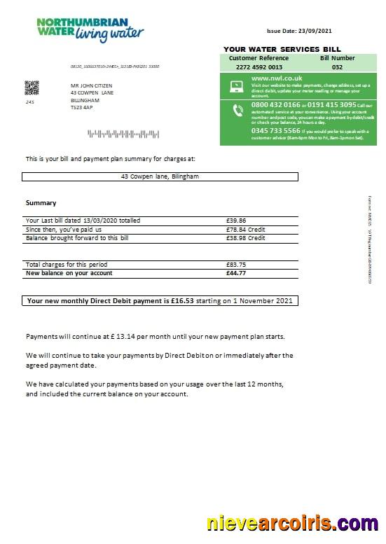 United Kingdom Northumbrian Water utility bill version 1